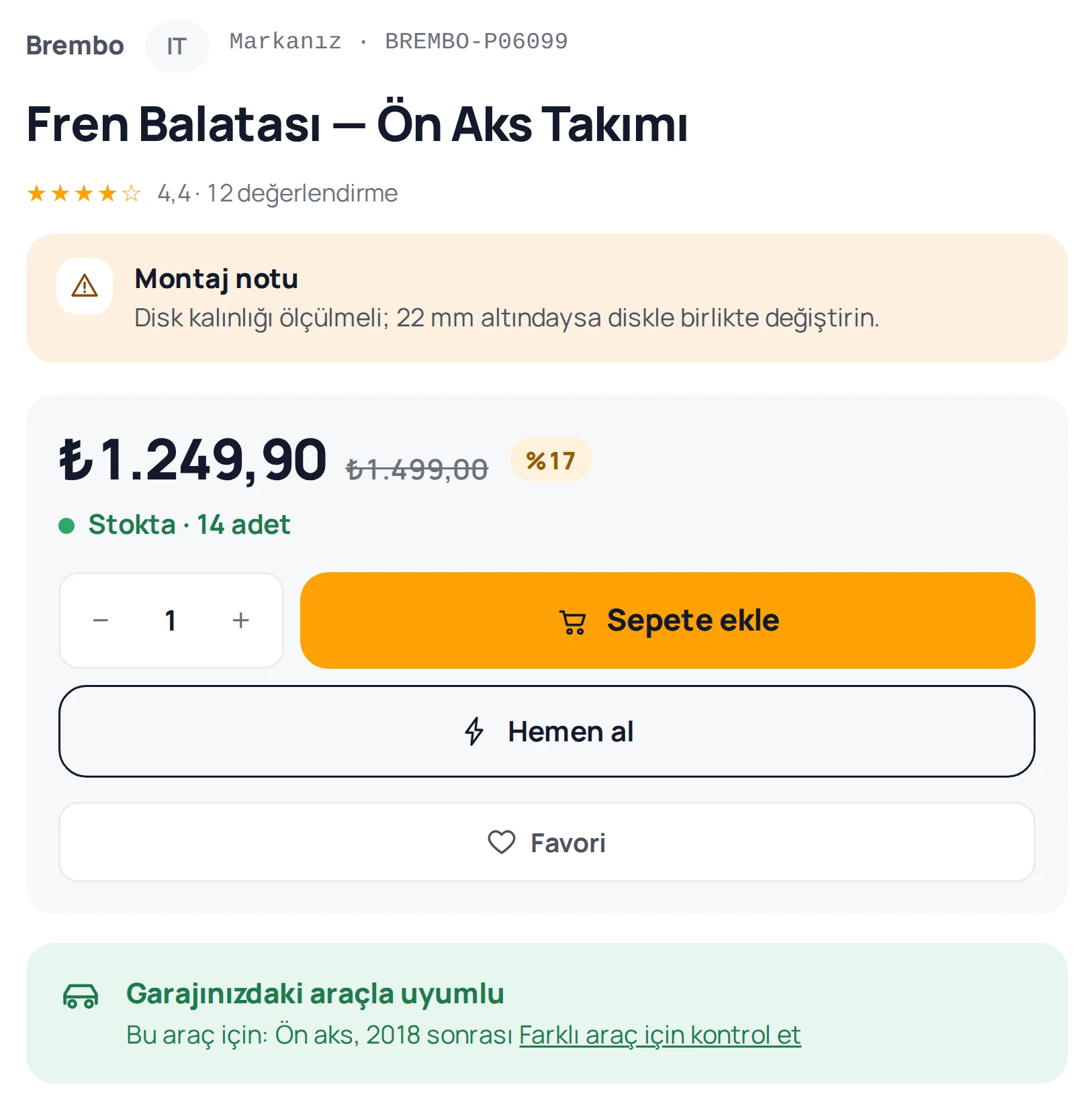 Vitrin: ürün sayfasında uyumlu araçlar.