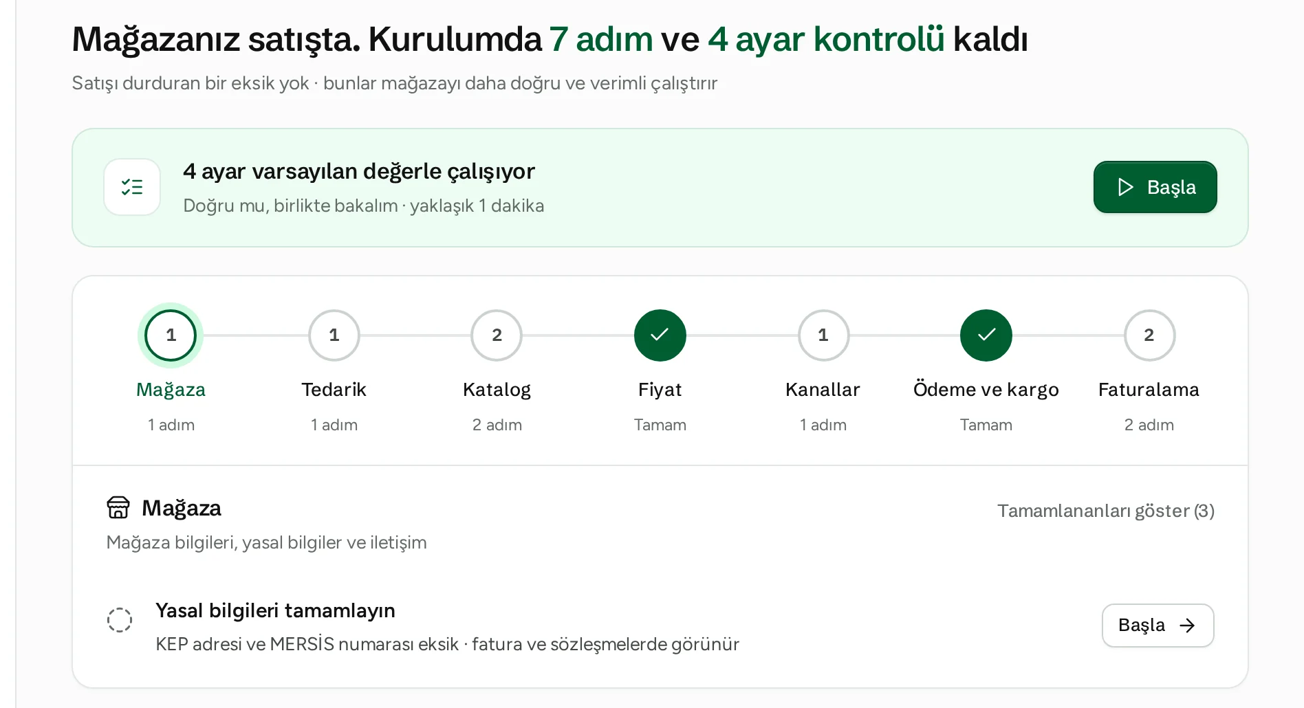 Kurulum rehberi: mağazanız satışta; kurulumda 7 adım ve 4 ayar kontrolü kaldı; Mağaza, Tedarik, Katalog, Fiyat, Kanallar, Ödeme ve kargo, Faturalama