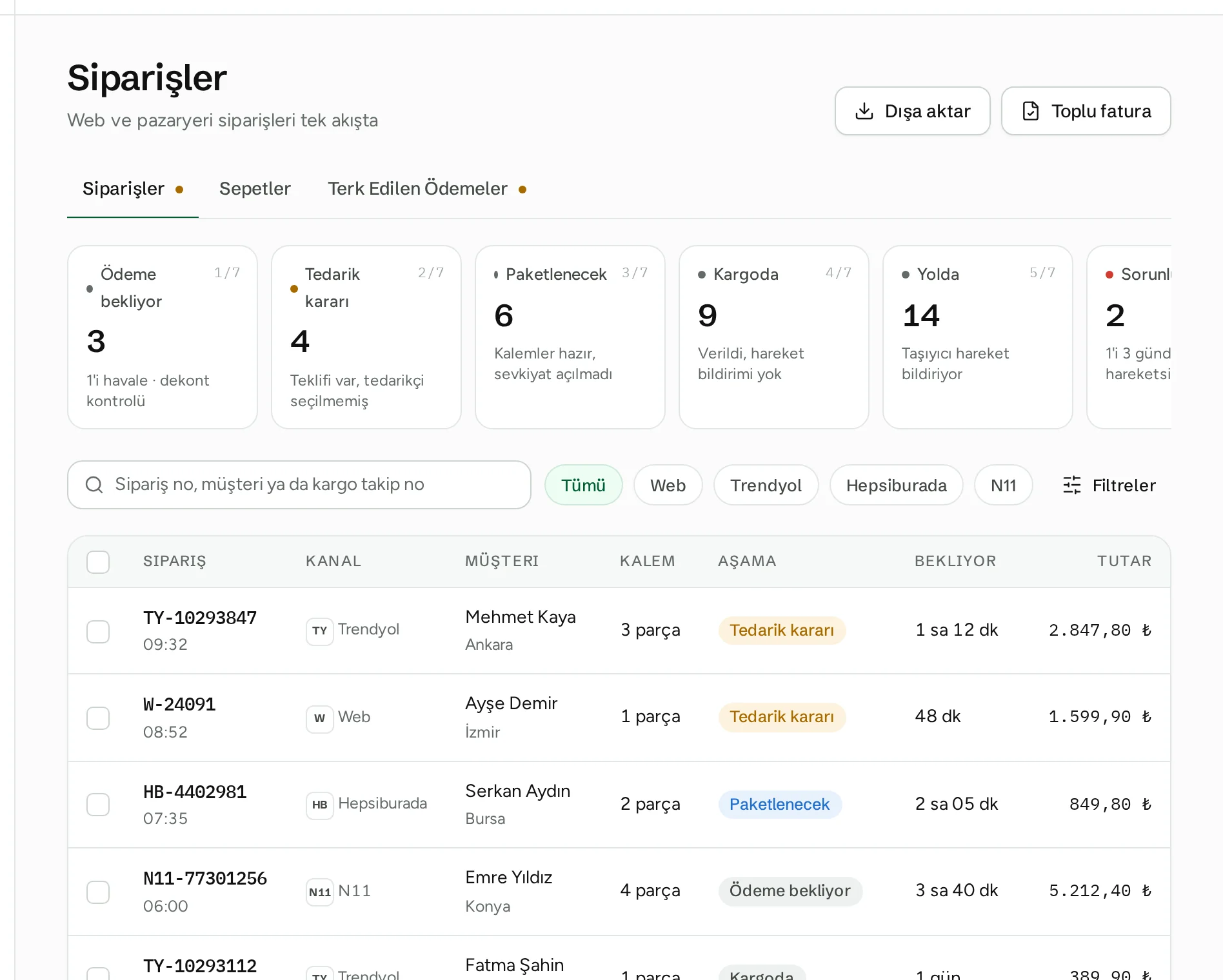 Siparişler: web ve pazaryeri siparişleri tek akışta; Trendyol, Web, Hepsiburada, N11 satırları; ödeme, tedarik kararı, paketleme, kargo aşamaları