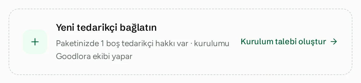 Yeni tedarikçi bağlatın: paketinizde 1 boş tedarikçi hakkı var; kurulum talebi oluştur
